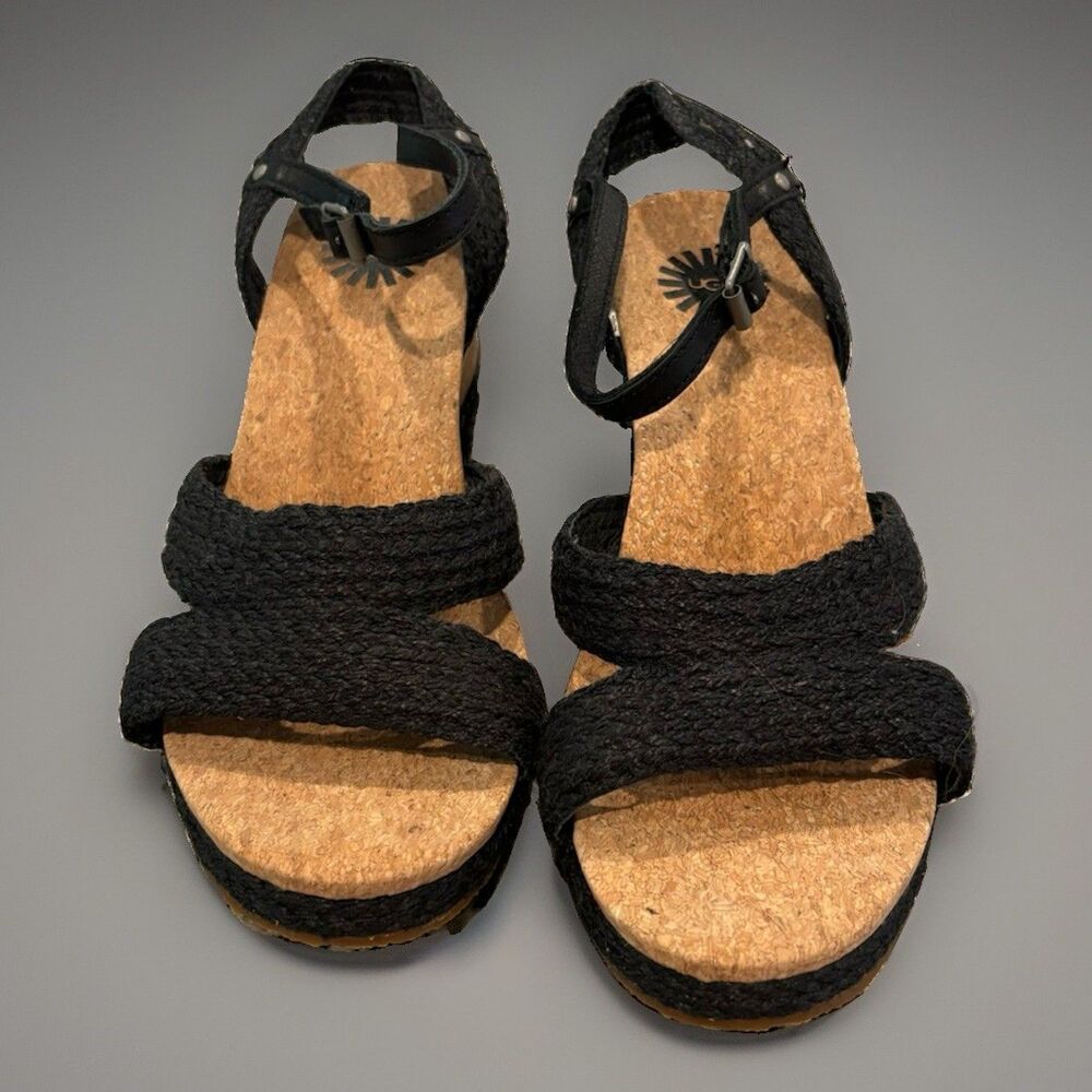 UGG Braided Black Two Strap Slingback Cork Wedge Heeled Sandal Open Toe Sz. Flaw